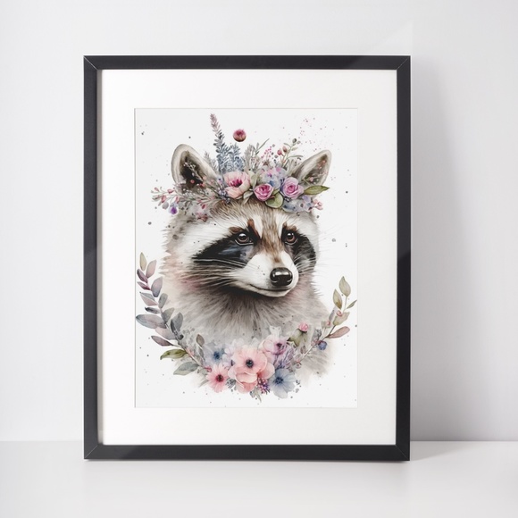 Cute Floral Raccoon Watercolor Wall Art Illustration Print Poster Unframed - Picture 3 of 6
